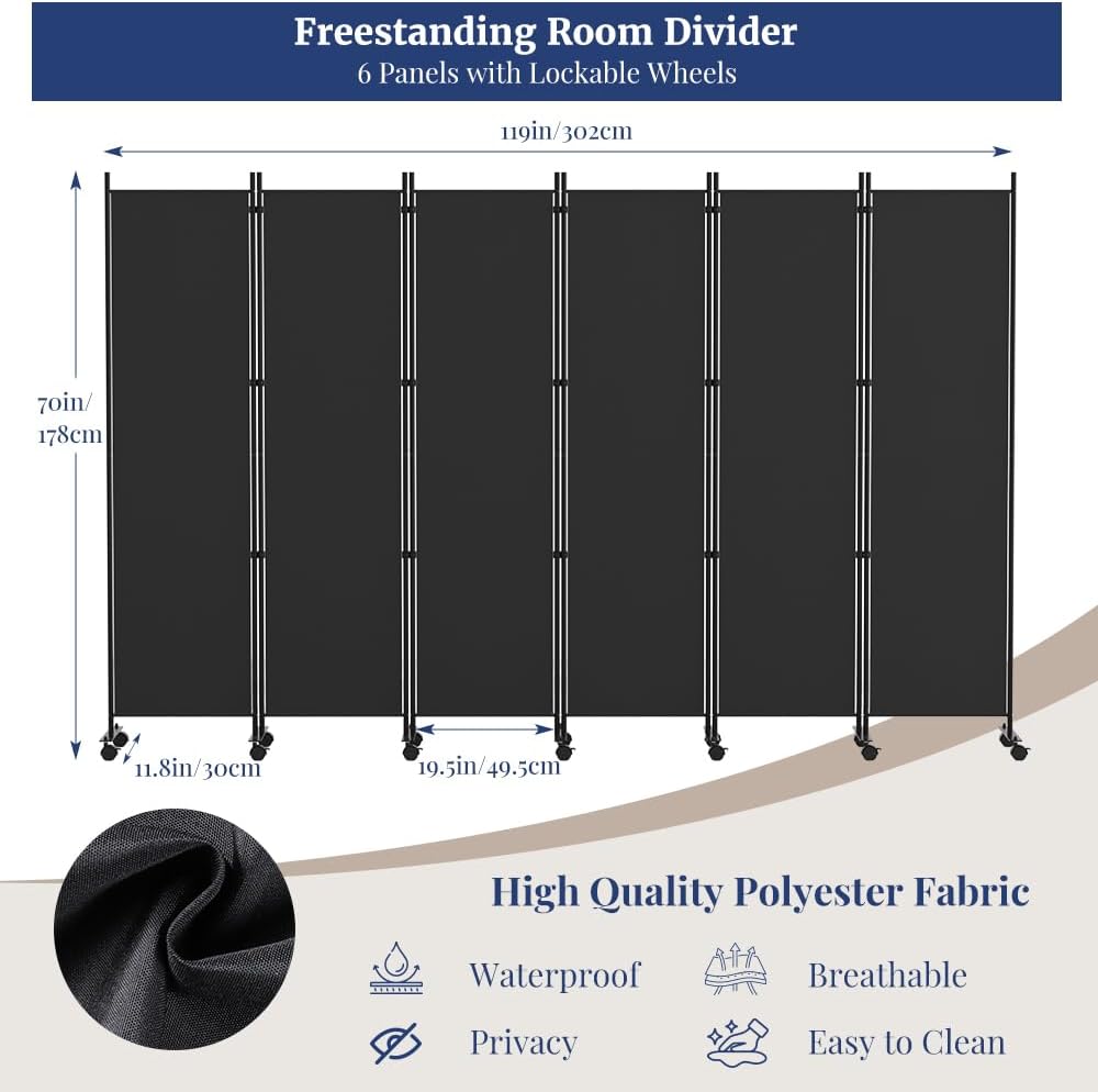 Rolling 6-Panel Folding Room Divider