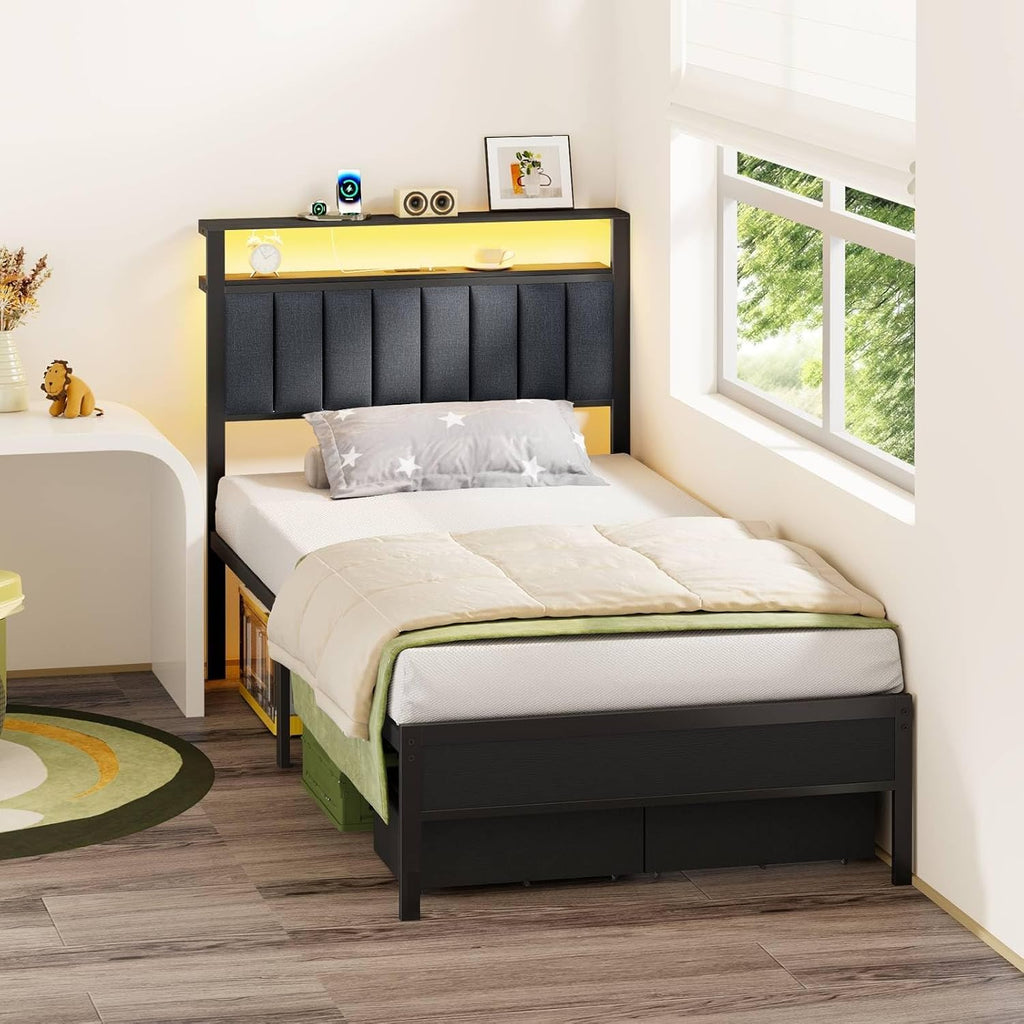 LED Storage Twin Metal Bed Frame
