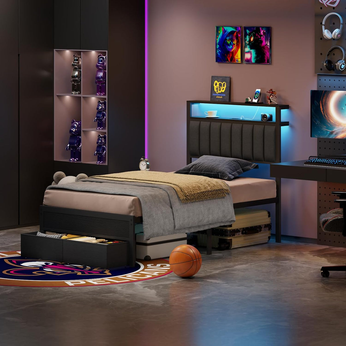 LED Storage Twin Metal Bed Frame