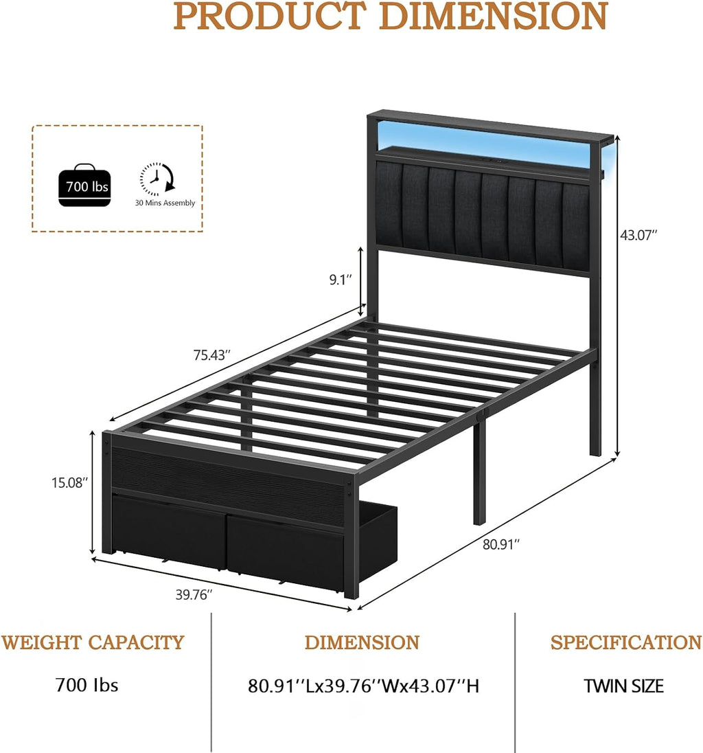LED Storage Twin Metal Bed Frame