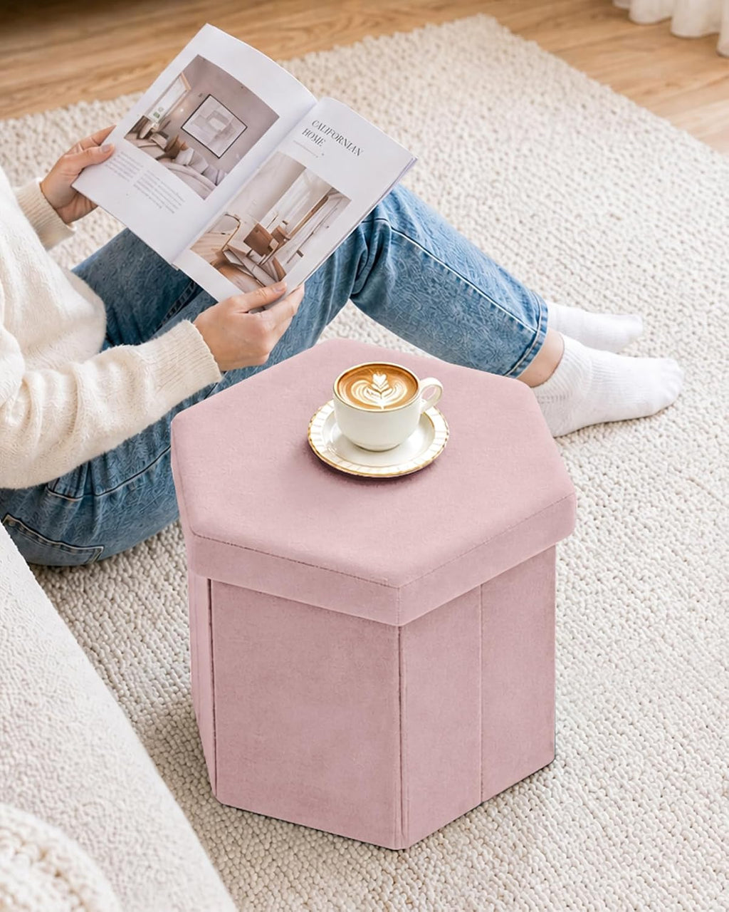 Velvet Hexagon Storage Ottoman