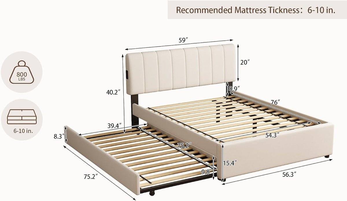 Chenille Full LED Trundle Bed Frame