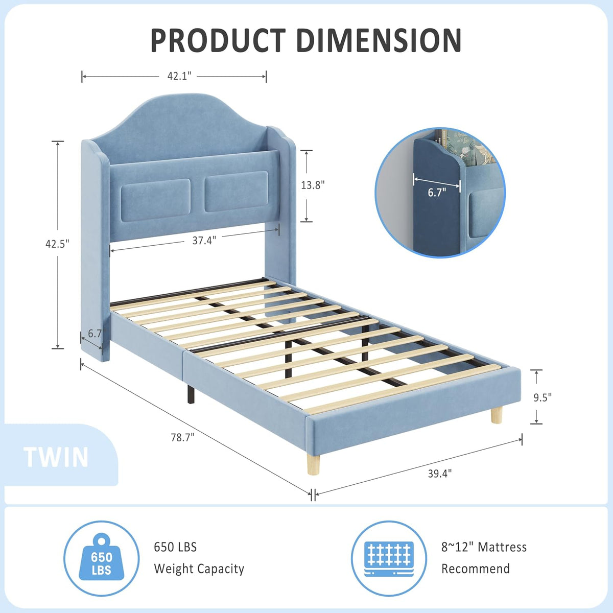 LED Velvet Twin Kids Platform Bed