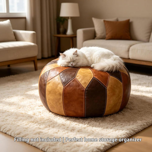 Boho Leather Round Pouf Cover