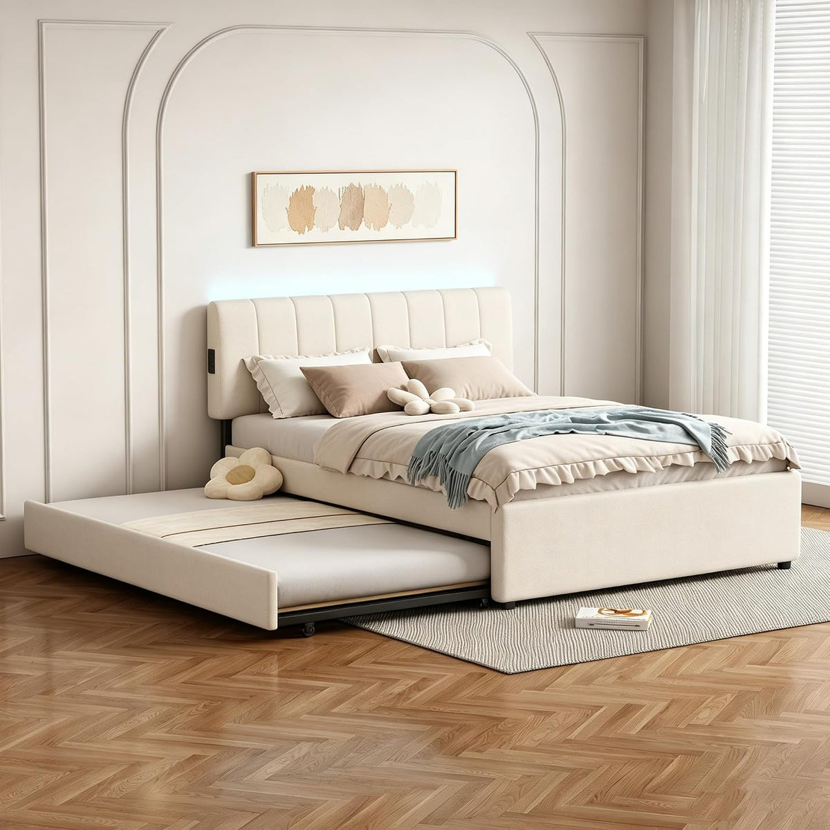 Chenille Full LED Trundle Bed Frame