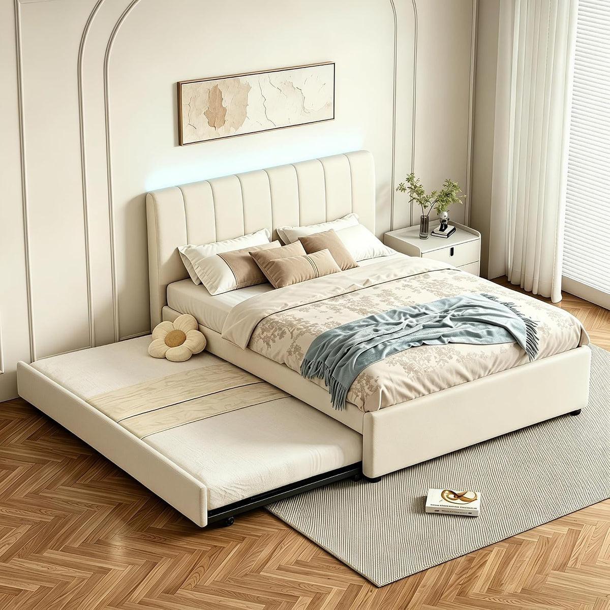 Chenille Full LED Trundle Bed Frame