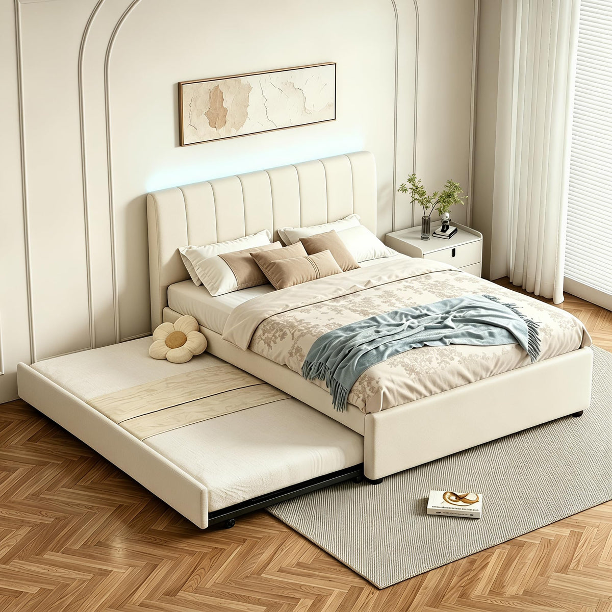 Chenille Full LED Trundle Bed Frame
