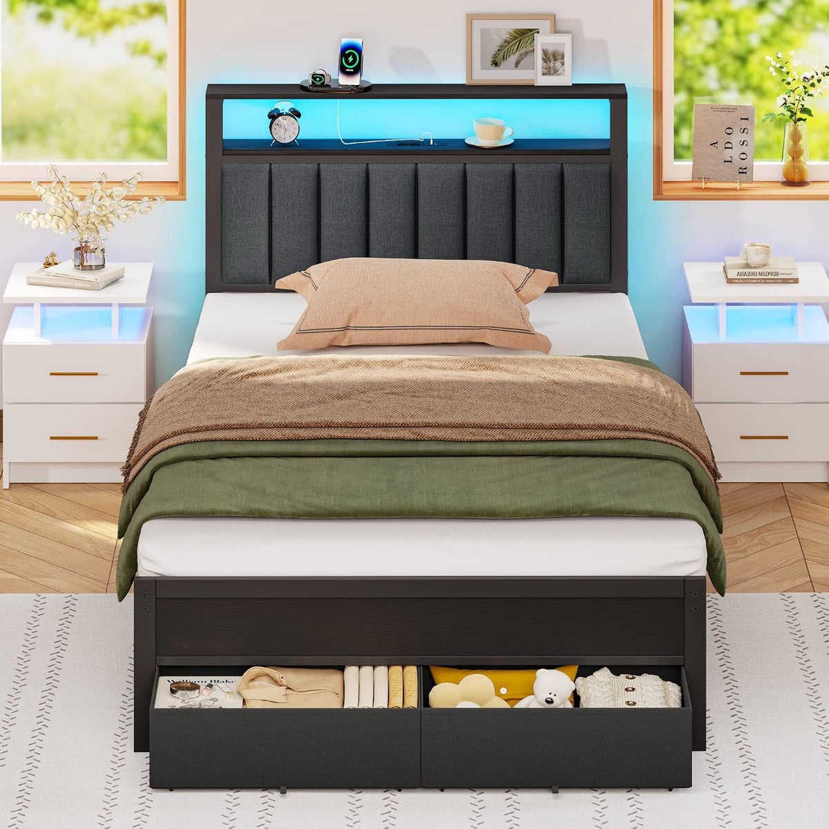 LED Storage Twin Metal Bed Frame